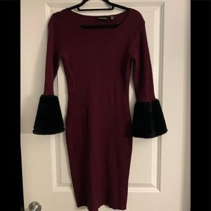 Knit sweater dress with fur  bell sleeves